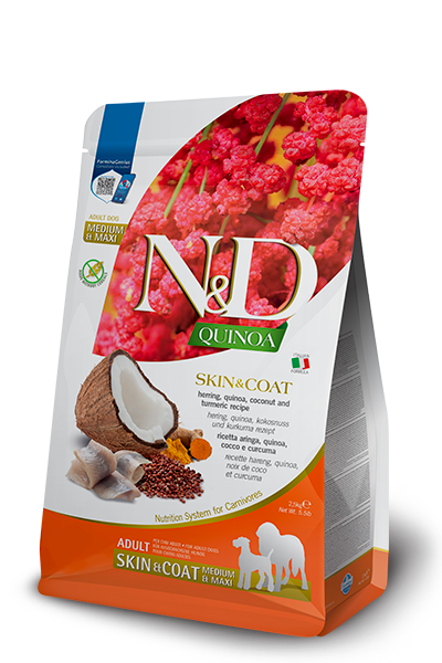 N&D Quinoa Adult Dog Medium/Maxi Skin&Coat - Haringa, kvinoja i kokos 2,5kg