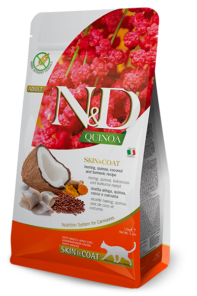 N&D Quinoa Cat Adult Skin&Coat – Haringa, kokos i kurkuma 1,5kg